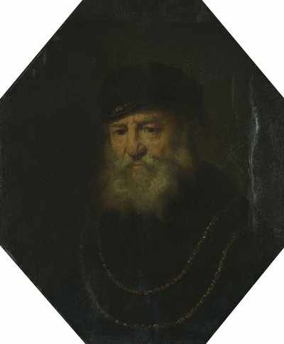 Borstbeeld van een oude man met twee gouden kettingen door Govert Flinck